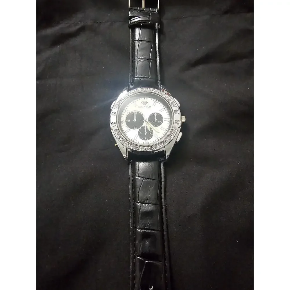 Silver Men's Fashion Chronograph Quartz Wristwatch Black Leather